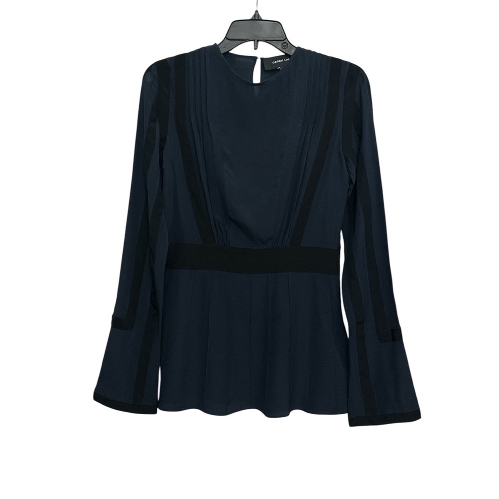 Derek Lam Long Sleeve Peplum Blouse Size 4 Silk Blue Black Accents Career Formal